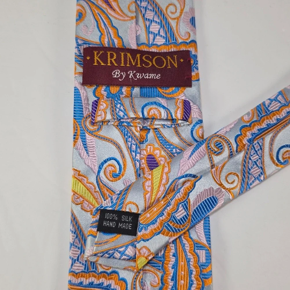Krimson by Kwame Silk Tie Silver Orange Blue Paisley Made USA Mens Long Necktie